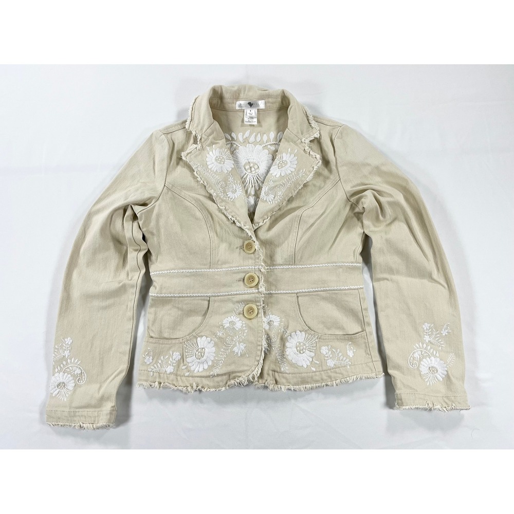 Vintage White House Black Market Women's 8 Beige Embroidered Denim Fringe Jacket